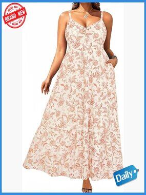 Plus Size Maxi Sun Dress Spaghetti Strap Ruched Bust Long Casual Sundress with